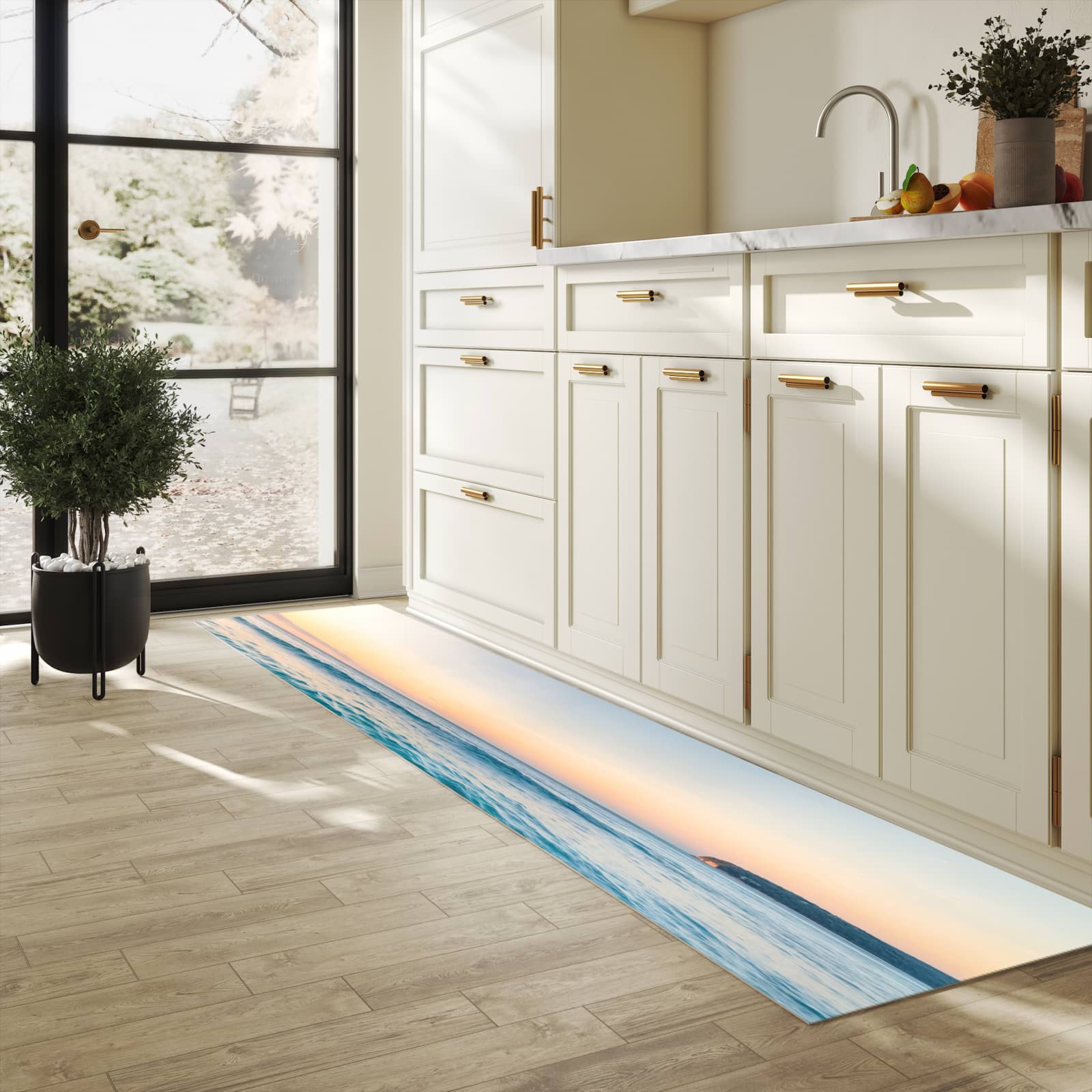 Pflegeleichter Läufer für Eingangsbereich mit Motiv Strandhorizont in heller Küche