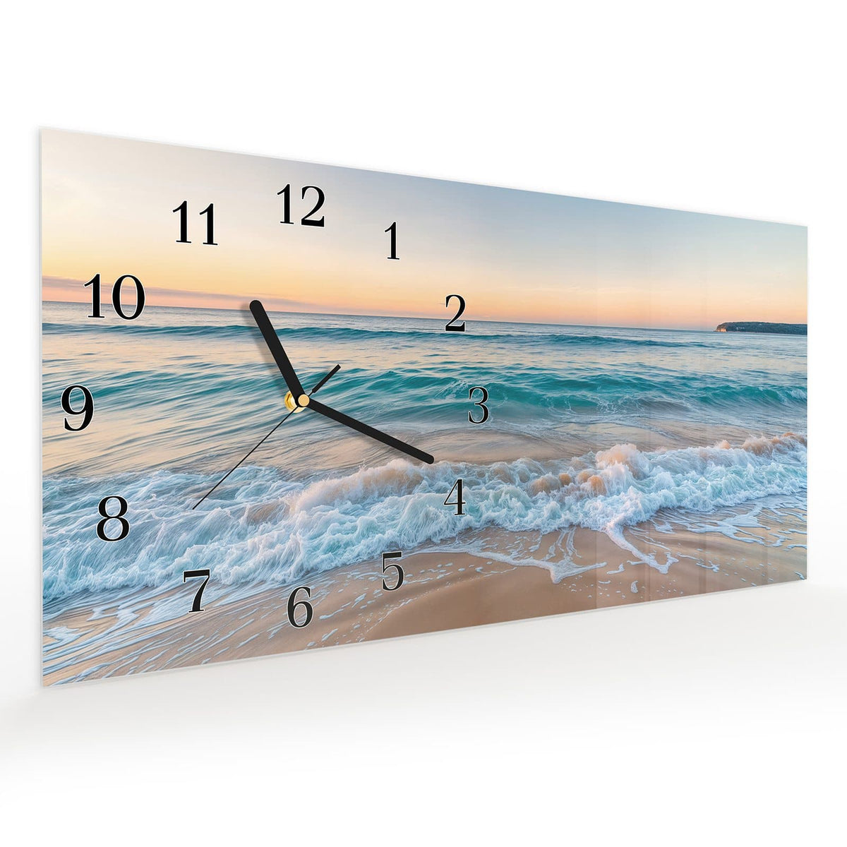 Vormontiert – mit Schwebeeffekt – Wanduhr Strandhorizont aus Glas – Querformat 60 × 30 cm