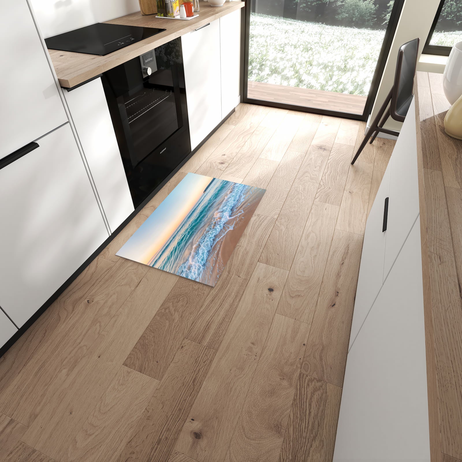 Farbbeständiger waschbarer Küchenläufer mit Motiv Strandhorizont in moderner Küche