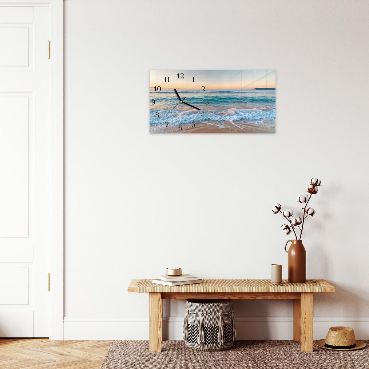 Moderne Wanduhr aus Glas mit Farbtiefe – Wanduhr Strandhorizont aus Glas – Querformat 60 × 30 cm