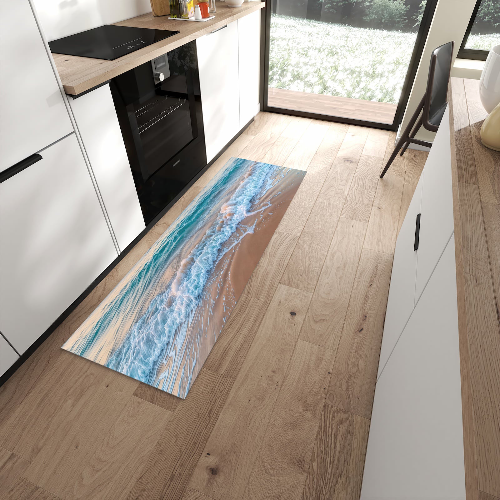 Feuchtigkeitsresistenter Küchenläufer mit Motiv Strandhorizont in moderner Küche