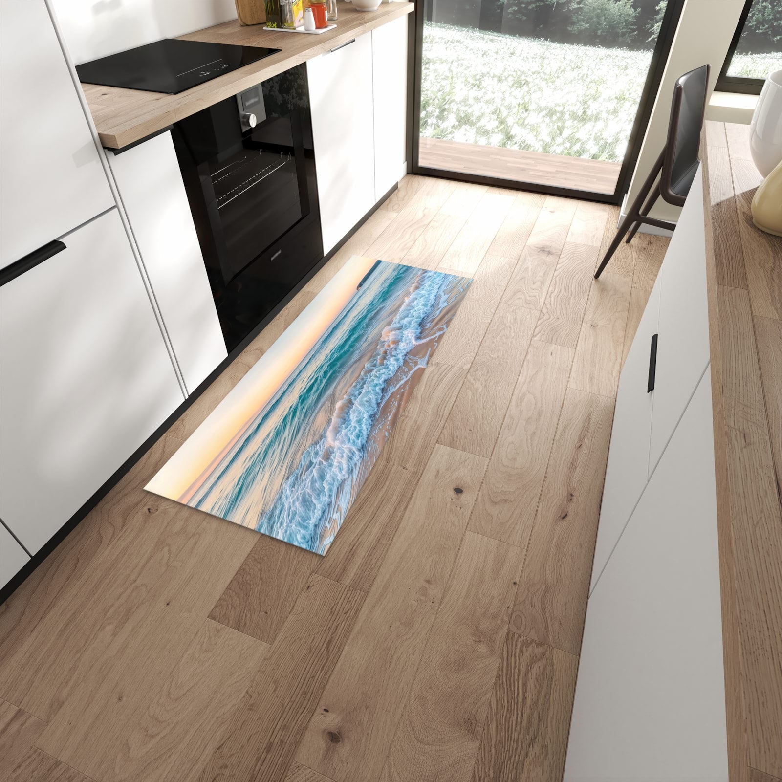 Rutschfester waschbarer Küchenteppich mit Motiv Strandhorizont in moderner Küche #grösse_60 x 150 cm