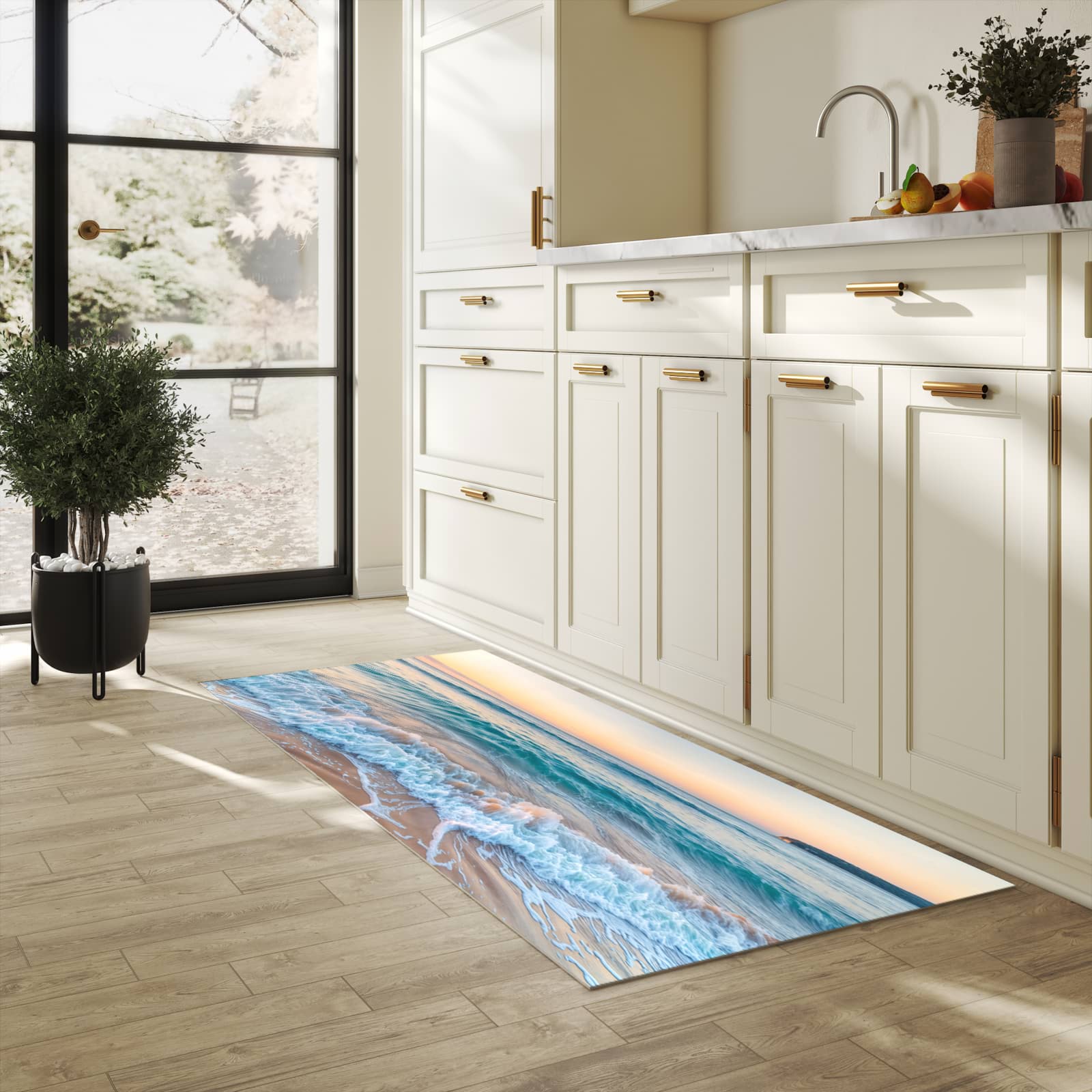Rutschhemmender dünner Teppich mit Motiv Strandhorizont in heller Küche