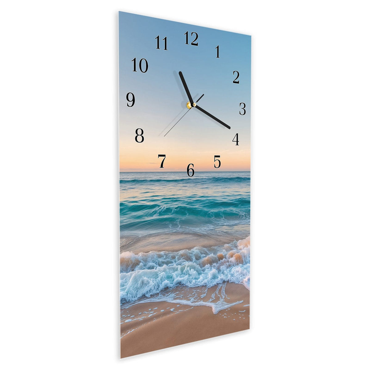 Vormontiert – mit Schwebeeffekt – Wanduhr Strandhorizont aus Glas – Hochformat 30 × 60 cm