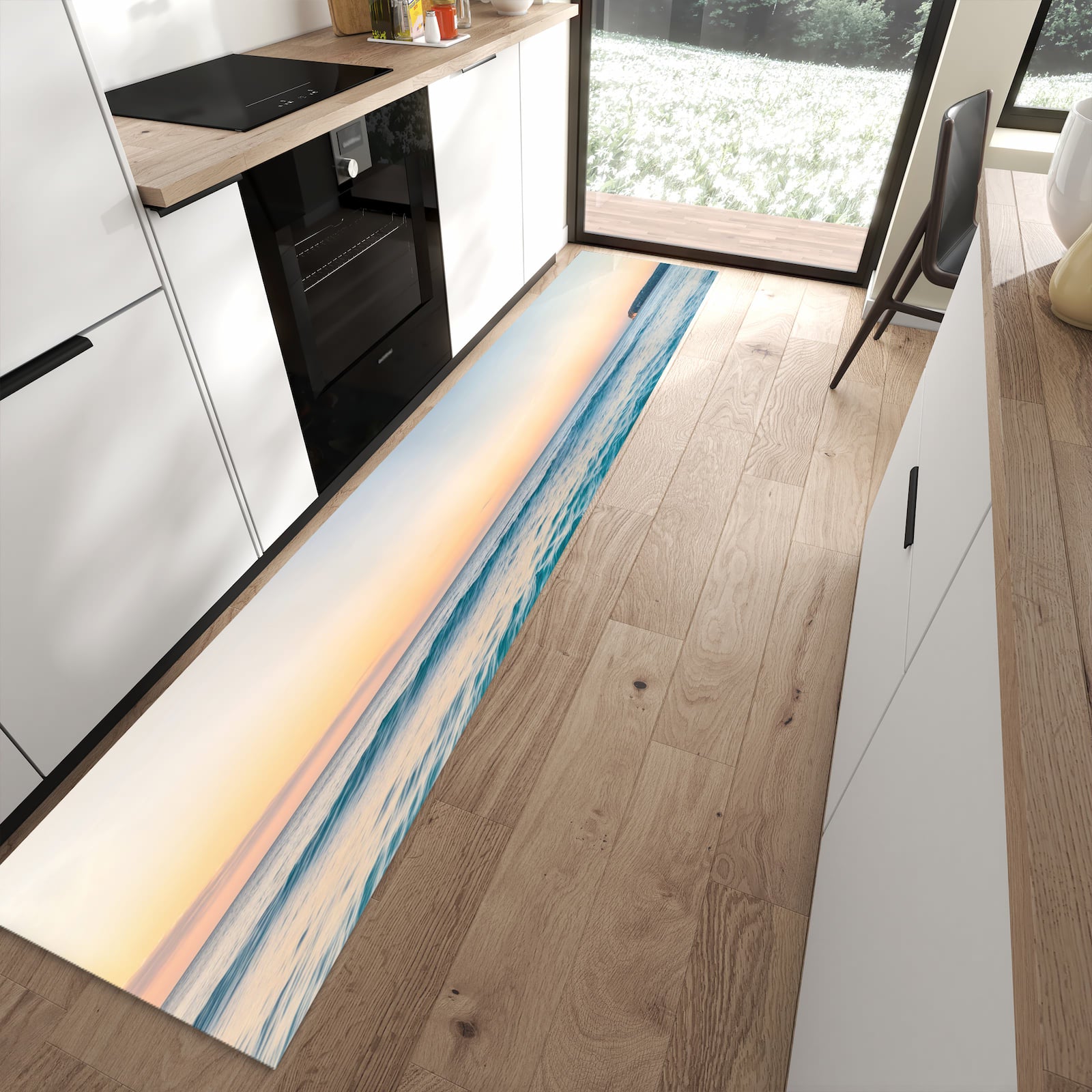 Bodenschonender waschbarer Küchenläufer mit Motiv Strandhorizont in moderner Küche