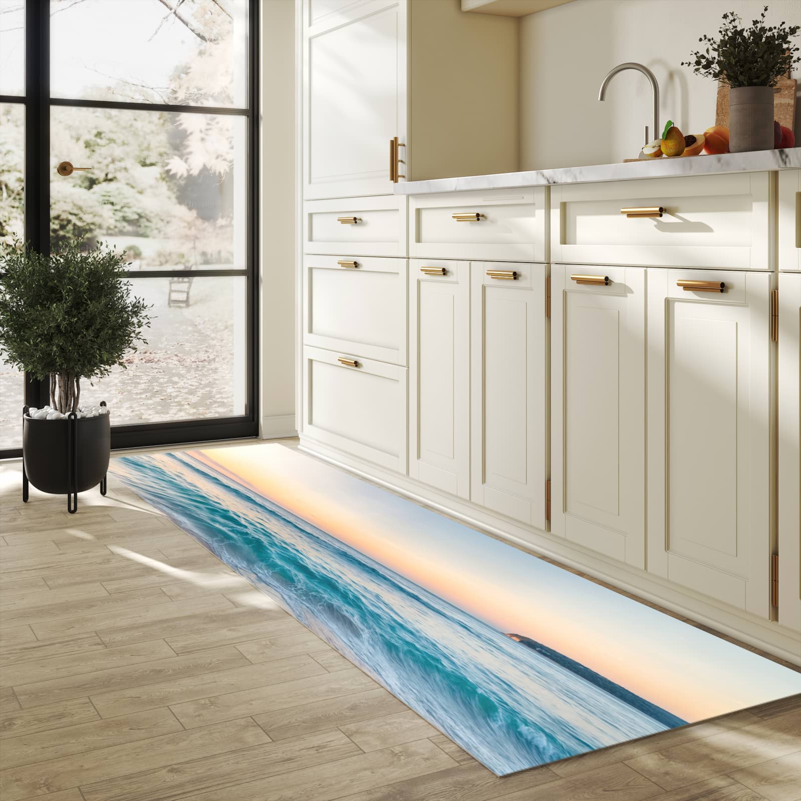 Hygienischer Teppich fürs Esszimmer mit Motiv Strandhorizont in heller Küche