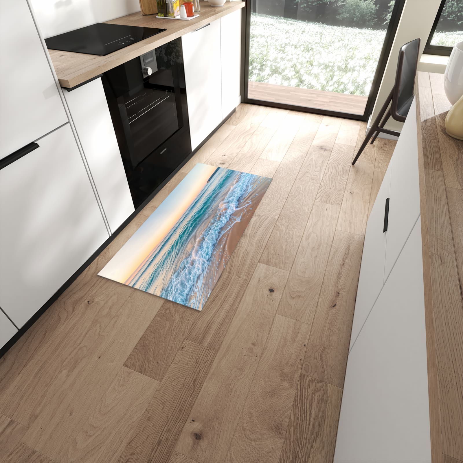 Langlebiger Küchenvorleger mit Motiv Strandhorizont in moderner Küche #grösse_60 x 120 cm