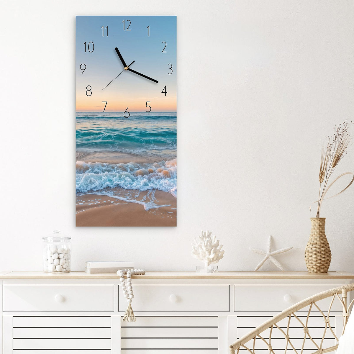 Wanduhr Strandhorizont aus Glas – Pastellhimmel über türkisem Ozean