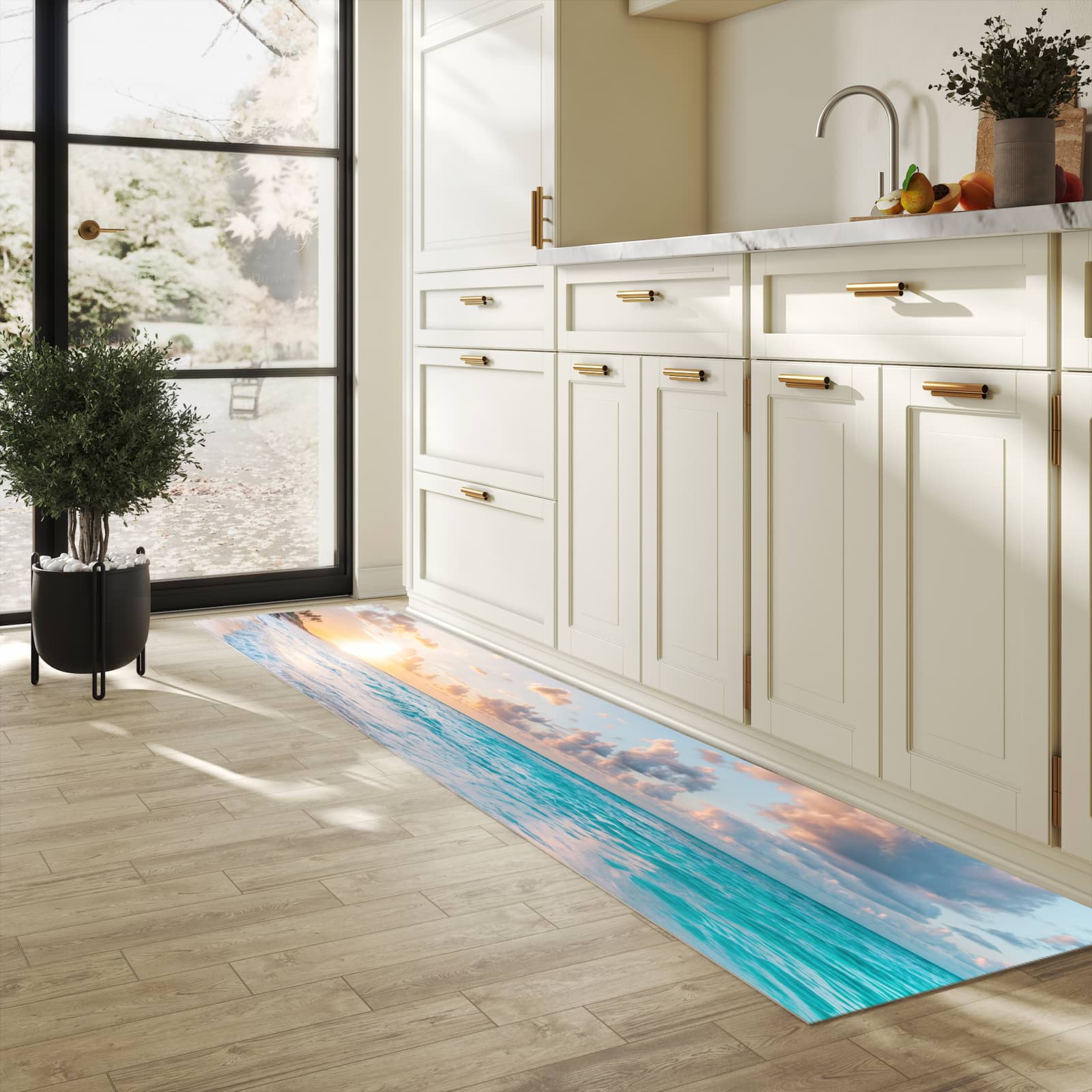 Formstabiler Küchenteppich mit Motiv Sonnenaufgang Strand in heller Küche