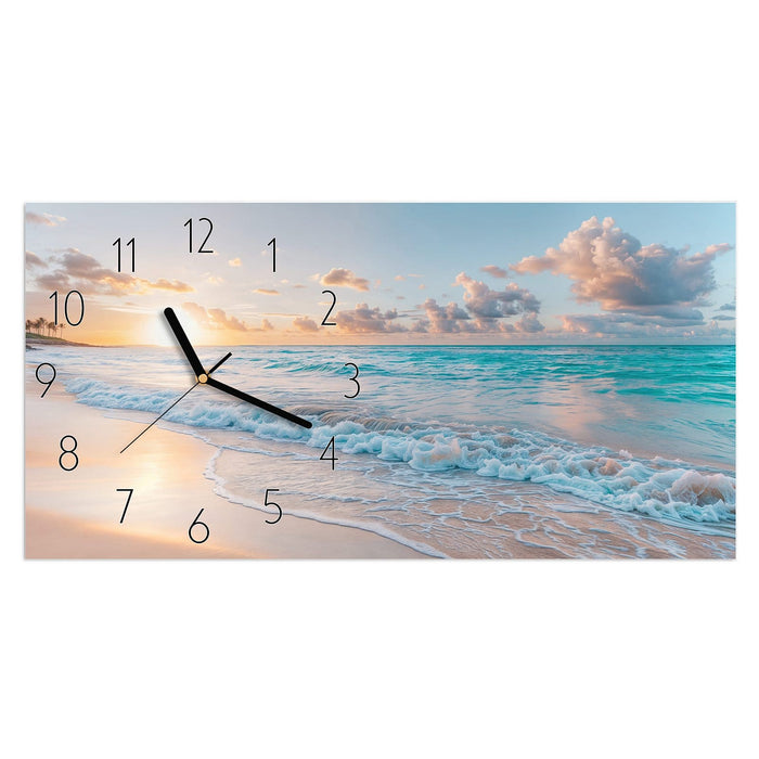 Wanduhr Sonnenaufgang Strand aus Glas – Querformat 60 × 30 cm mit Ziffernblatt Elegant