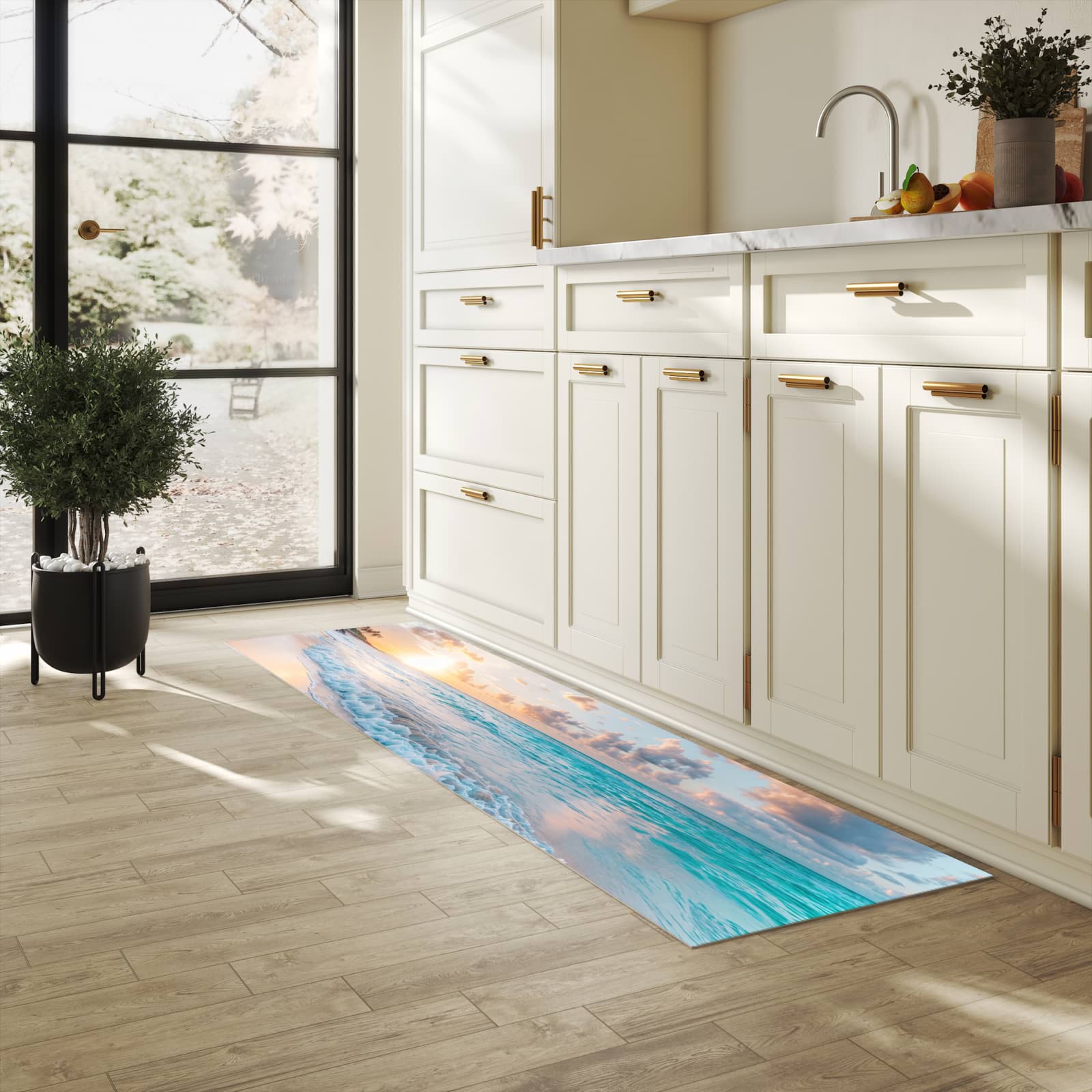 Bodenschonender Küchenteppich mit Motiv Sonnenaufgang Strand in heller Küche