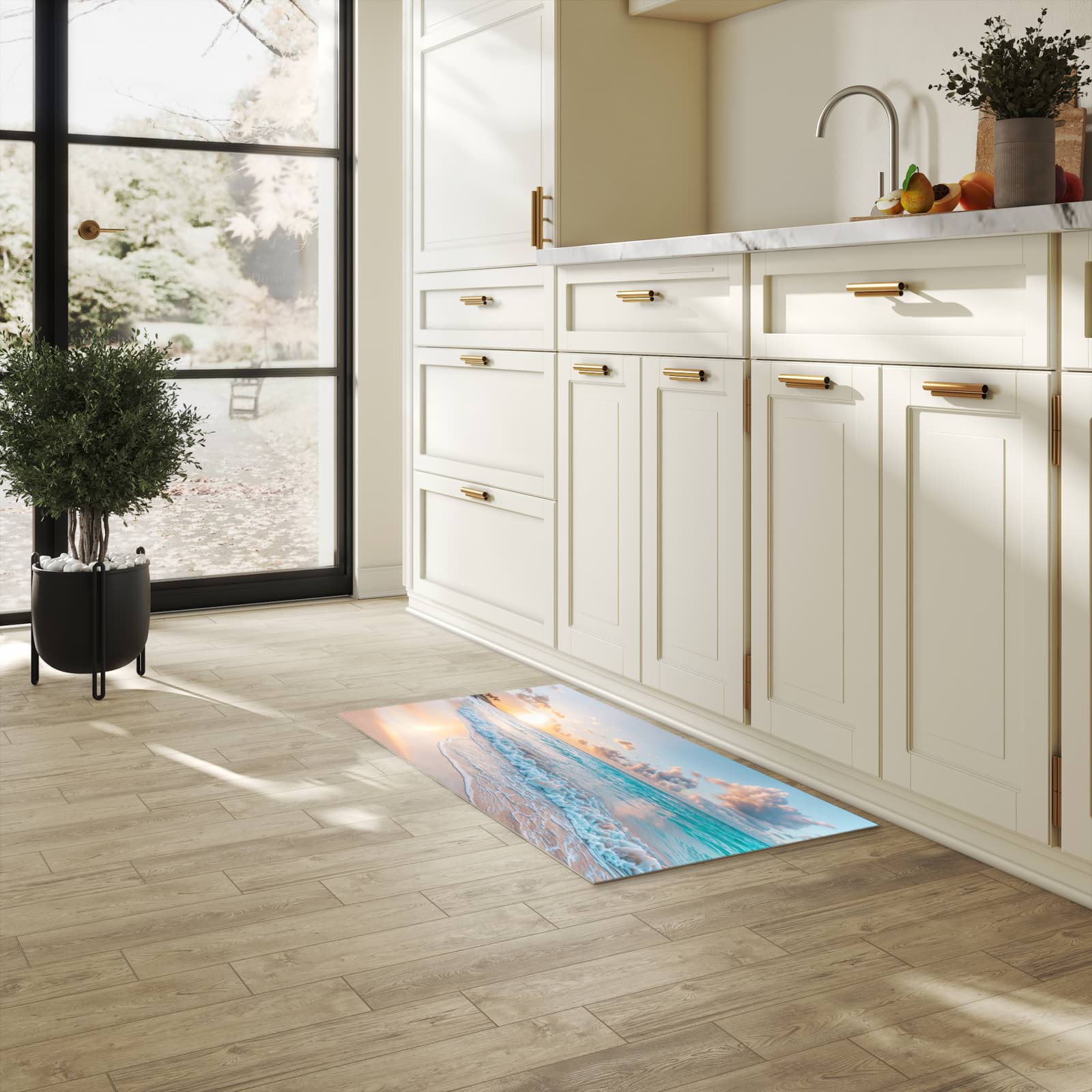 Feuchtigkeitsresistenter Teppich für Küche mit Motiv Sonnenaufgang Strand in heller Küche