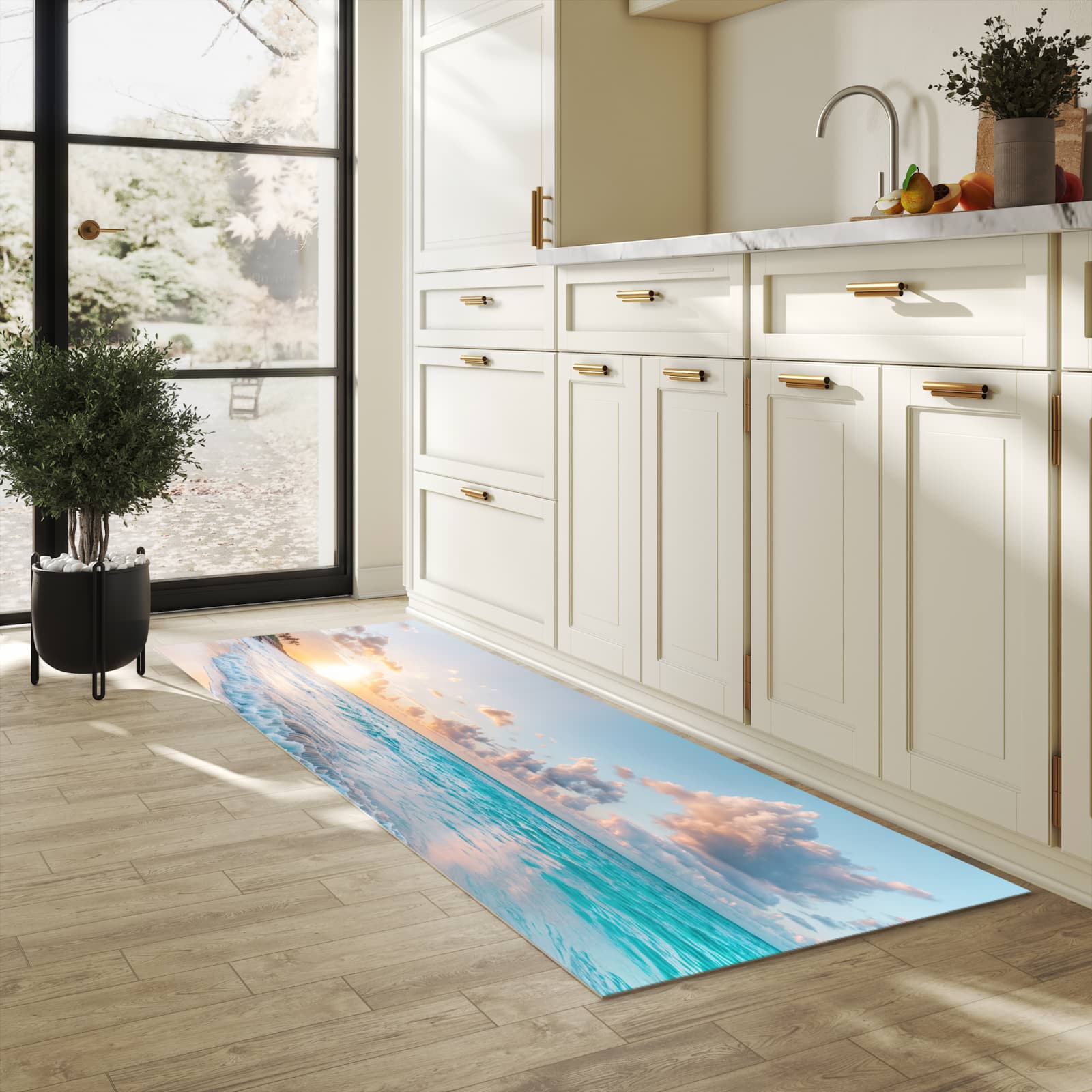 Geräuschdämpfender Küchenläufer mit Motiv Sonnenaufgang Strand in heller Küche