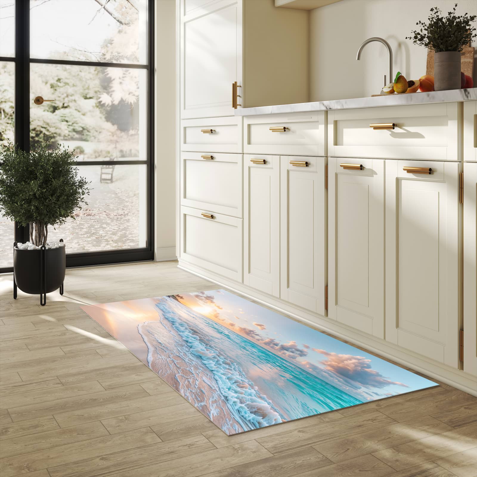 Waschbarer Küchenteppich mit Motiv Sonnenaufgang Strand für Trittkomfort in heller Küche