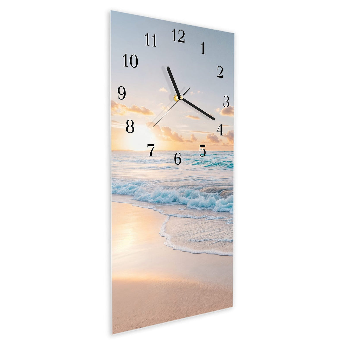 Vormontiert – mit Schwebeeffekt – Wanduhr Sonnenaufgang Strand aus Glas – Hochformat 30 × 60 cm