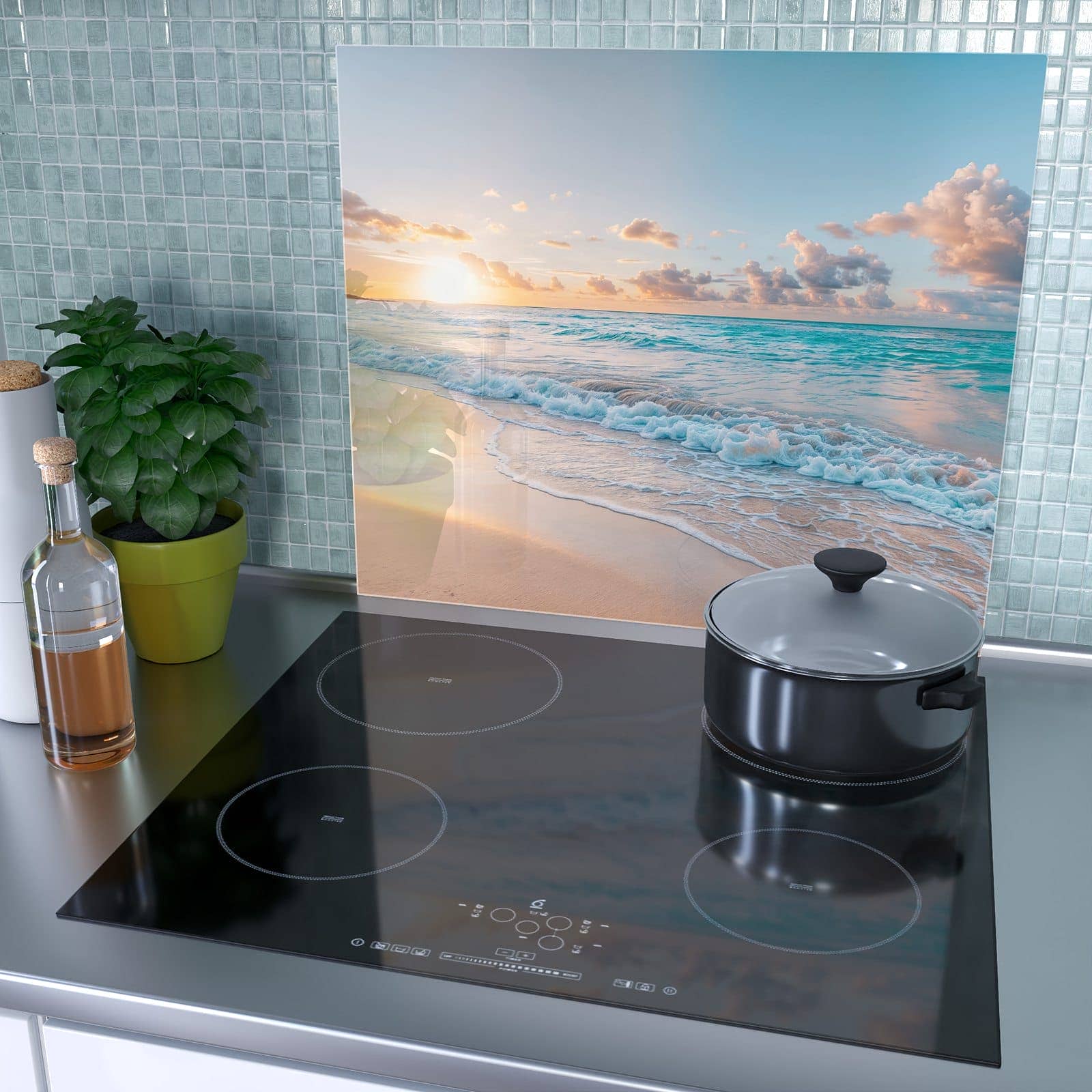 1-teilige Abdeckplatten für den Herd mit Sonnenaufgang Strand-Motiv als Spritzschutz hinter dem Kochfeld