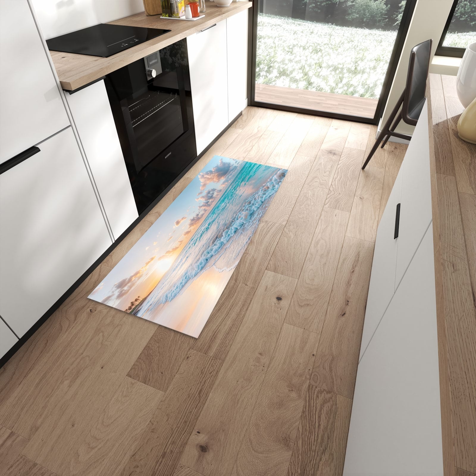 Schmutzabweisender Küchenläufer mit Motiv Sonnenaufgang Strand in moderner Küche #grösse_60 x 150 cm