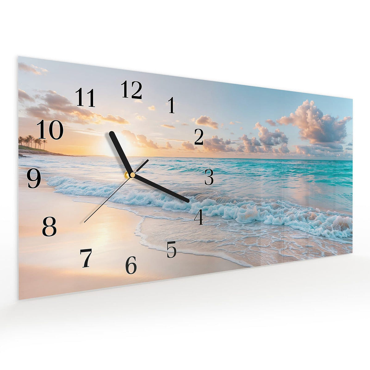 Vormontiert – mit Schwebeeffekt – Wanduhr Sonnenaufgang Strand aus Glas – Querformat 60 × 30 cm