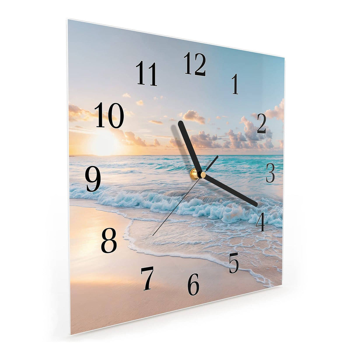 Quadratische Wanduhr aus Glas Sonnenaufgang am Strand schräg von der Seite, 4 mm starkes Glas