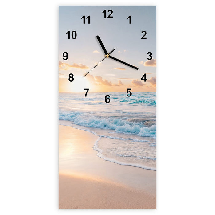 Wanduhr Sonnenaufgang Strand aus Glas – Hochformat 30 × 60 cm mit Ziffernblatt Modern
