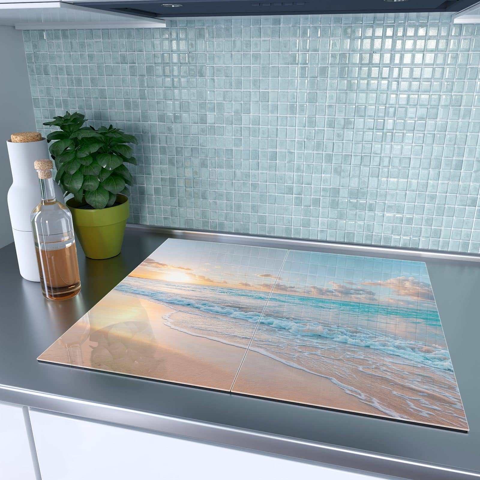 2-teilige Herdabdeckplatte mit Sonnenaufgang Strand-Motiv auf dem Ceranfeld