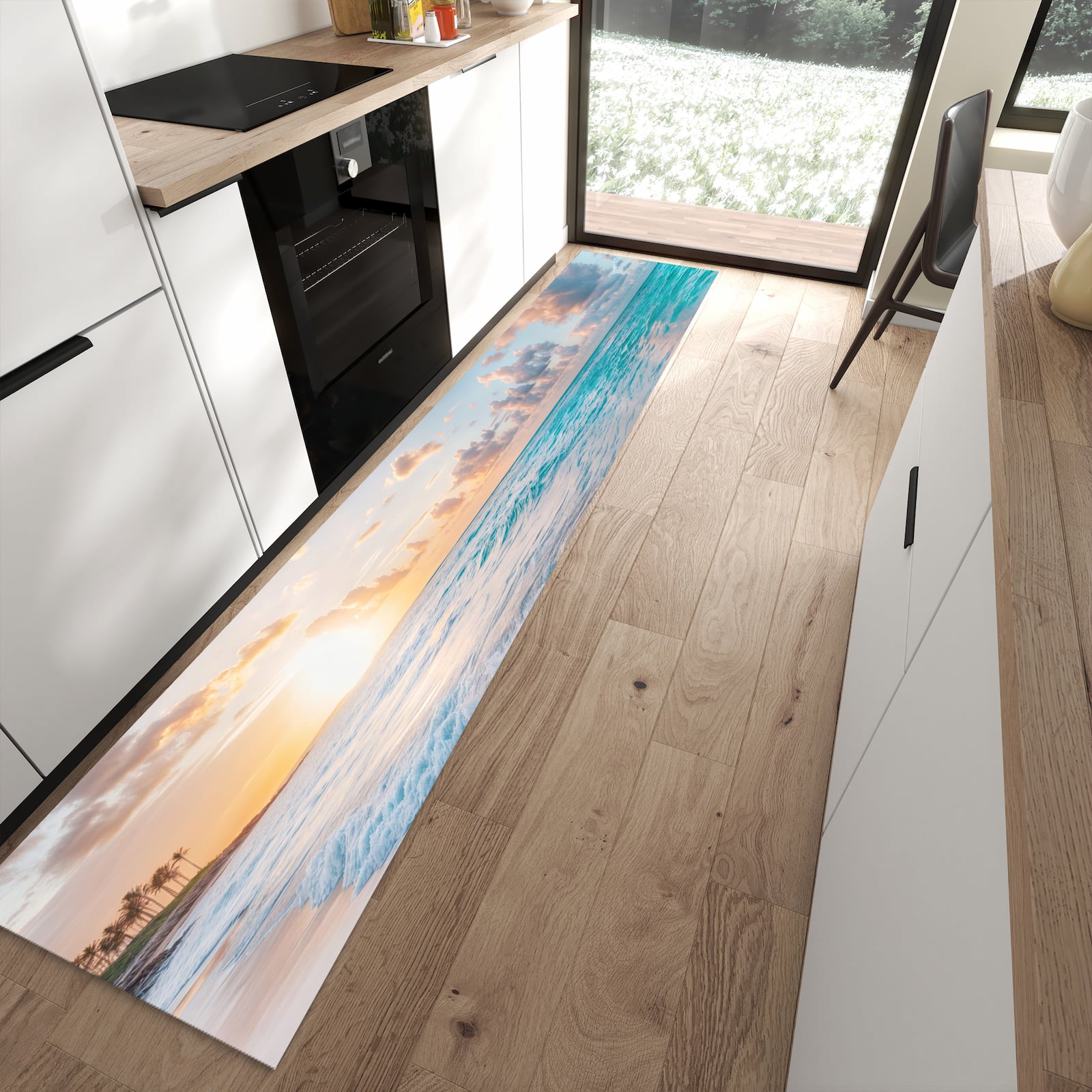 Pflegeleichter Teppich für die Küche mit Motiv Sonnenaufgang Strand in moderner Küche