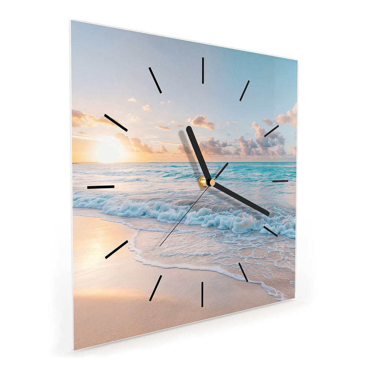 Quadratische Wanduhr aus Glas Sonnenaufgang am Strand schräg von der Seite, 4 mm starkes Glas
