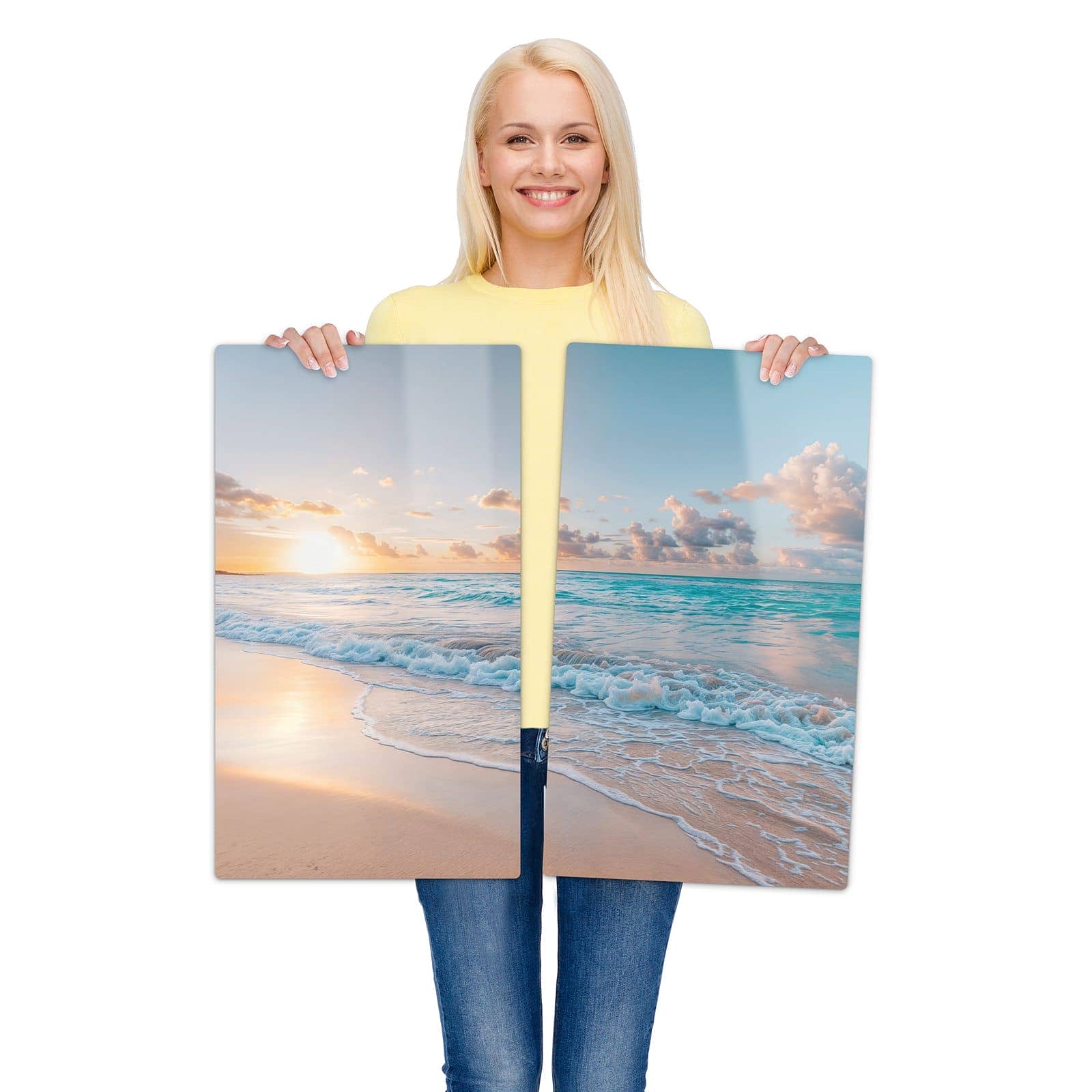 2-teilige Herdabdeckplatten für Ceranfeld mit Sonnenaufgang Strand-Motiv wird zur Größendarstellung gehalten