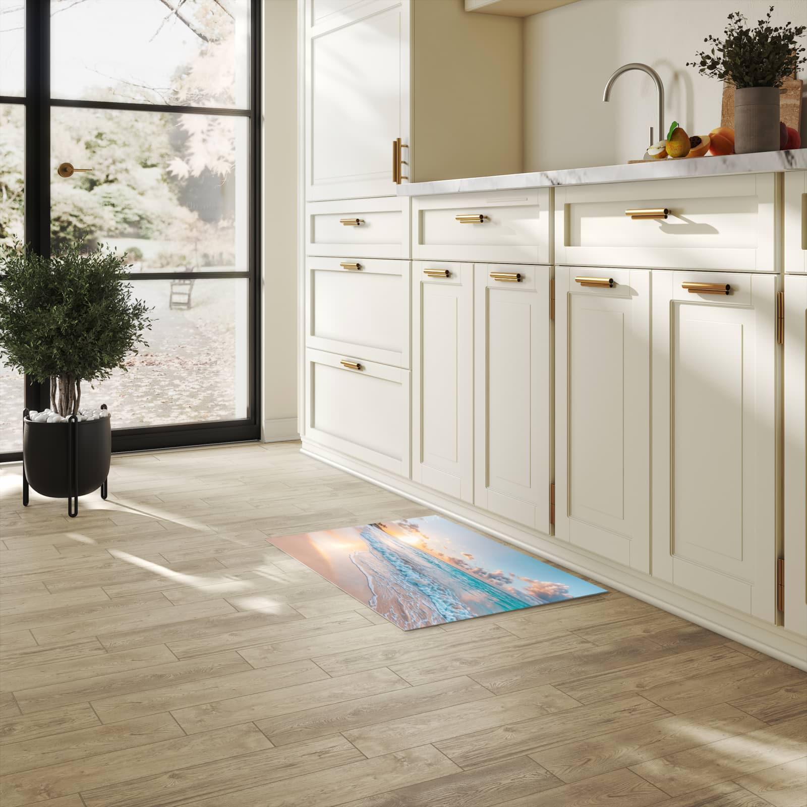 Küchenläufer mit Motiv Sonnenaufgang Strand in heller Küche für sichere Aufbewahrung