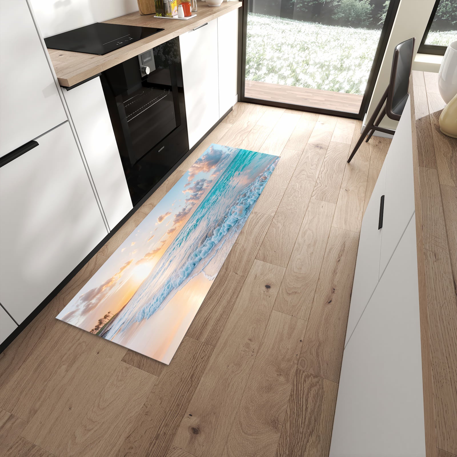 Geruchsneutraler Küchenteppich mit Motiv Sonnenaufgang Strand in moderner Küche