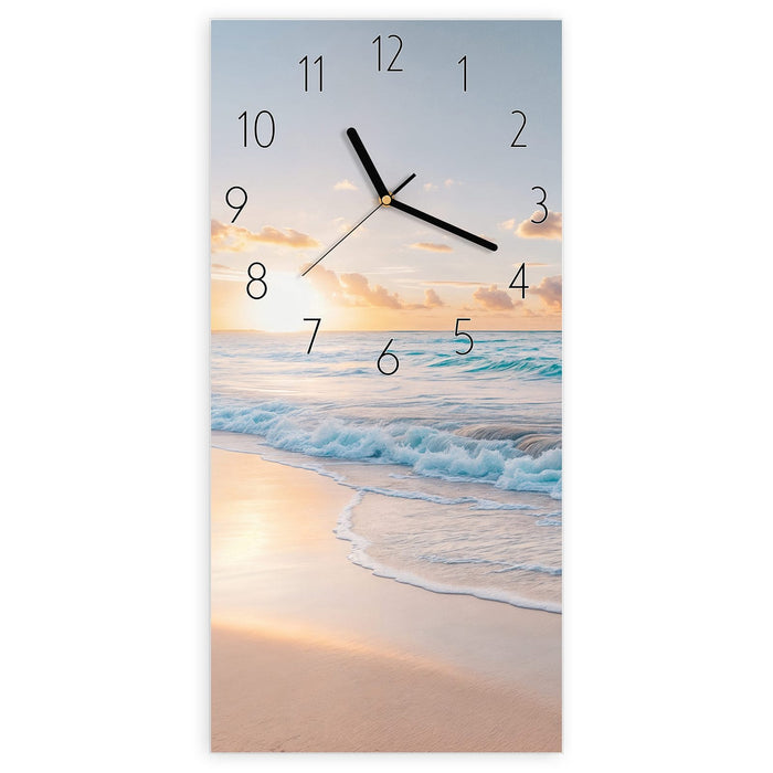 Wanduhr Sonnenaufgang Strand aus Glas – Hochformat 30 × 60 cm mit Ziffernblatt Elegant