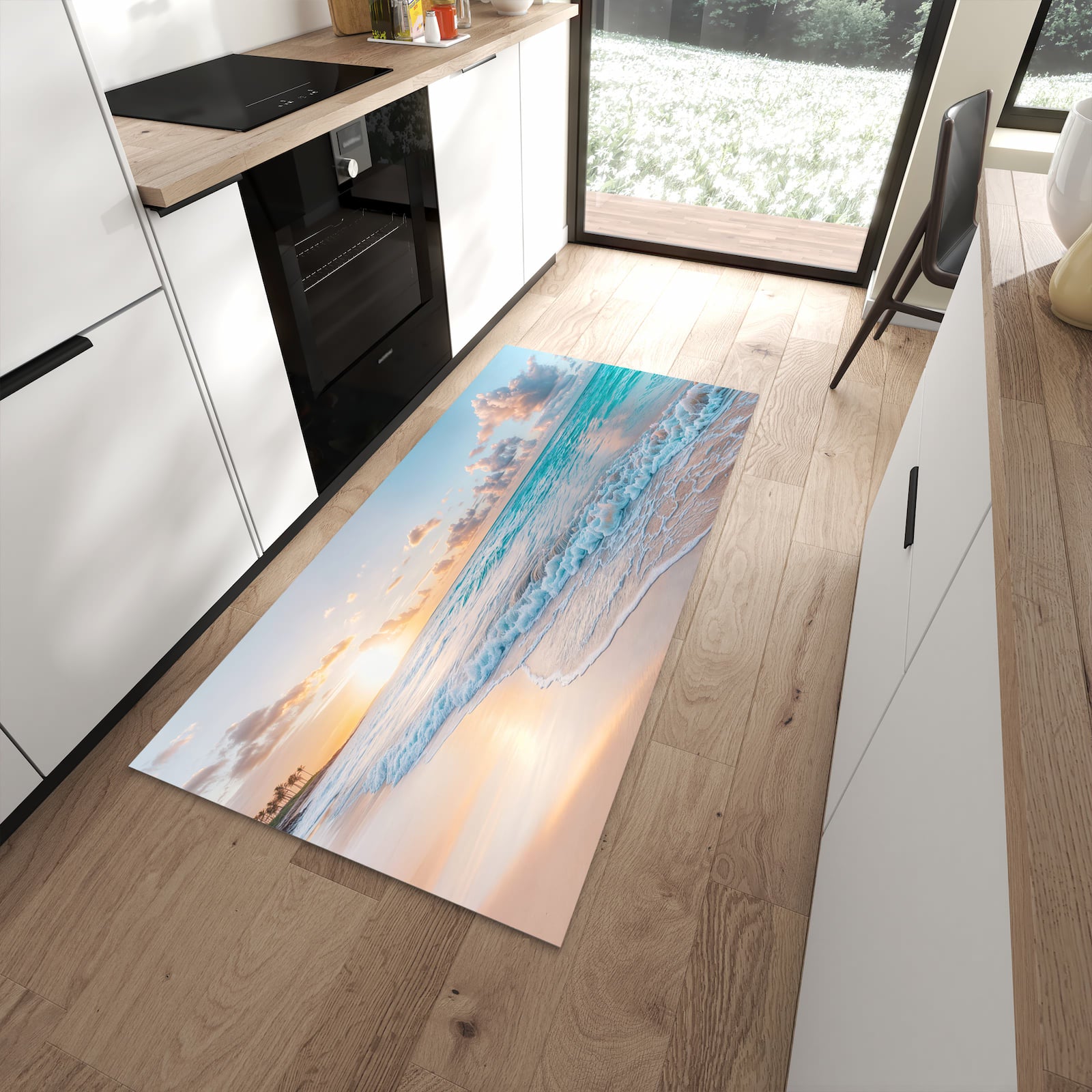 Strapazierfähiger Küchenläufer mit Motiv Sonnenaufgang Strand in moderner Küche