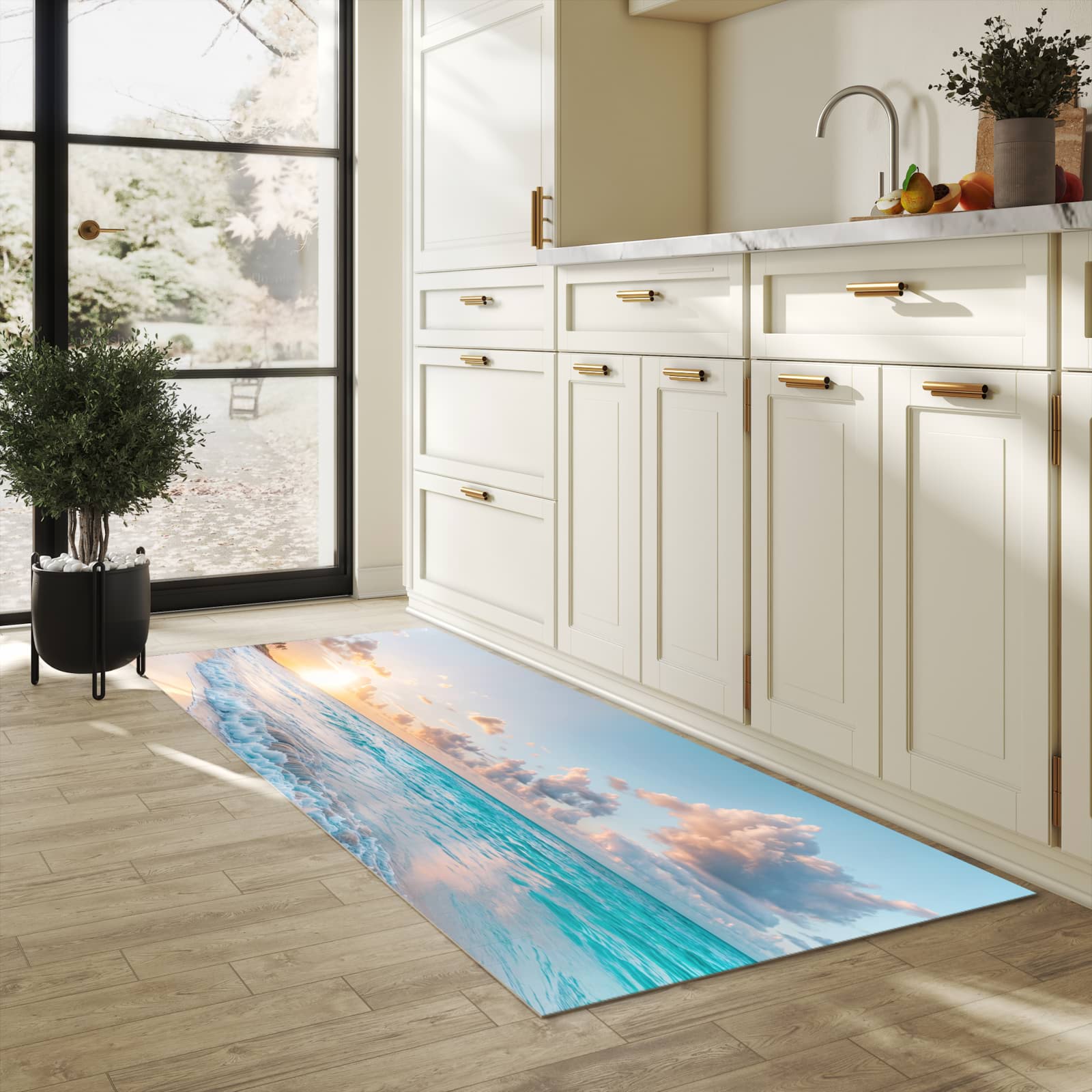 Wasserabweisender Küchenläufer mit Motiv Sonnenaufgang Strand in heller Küche