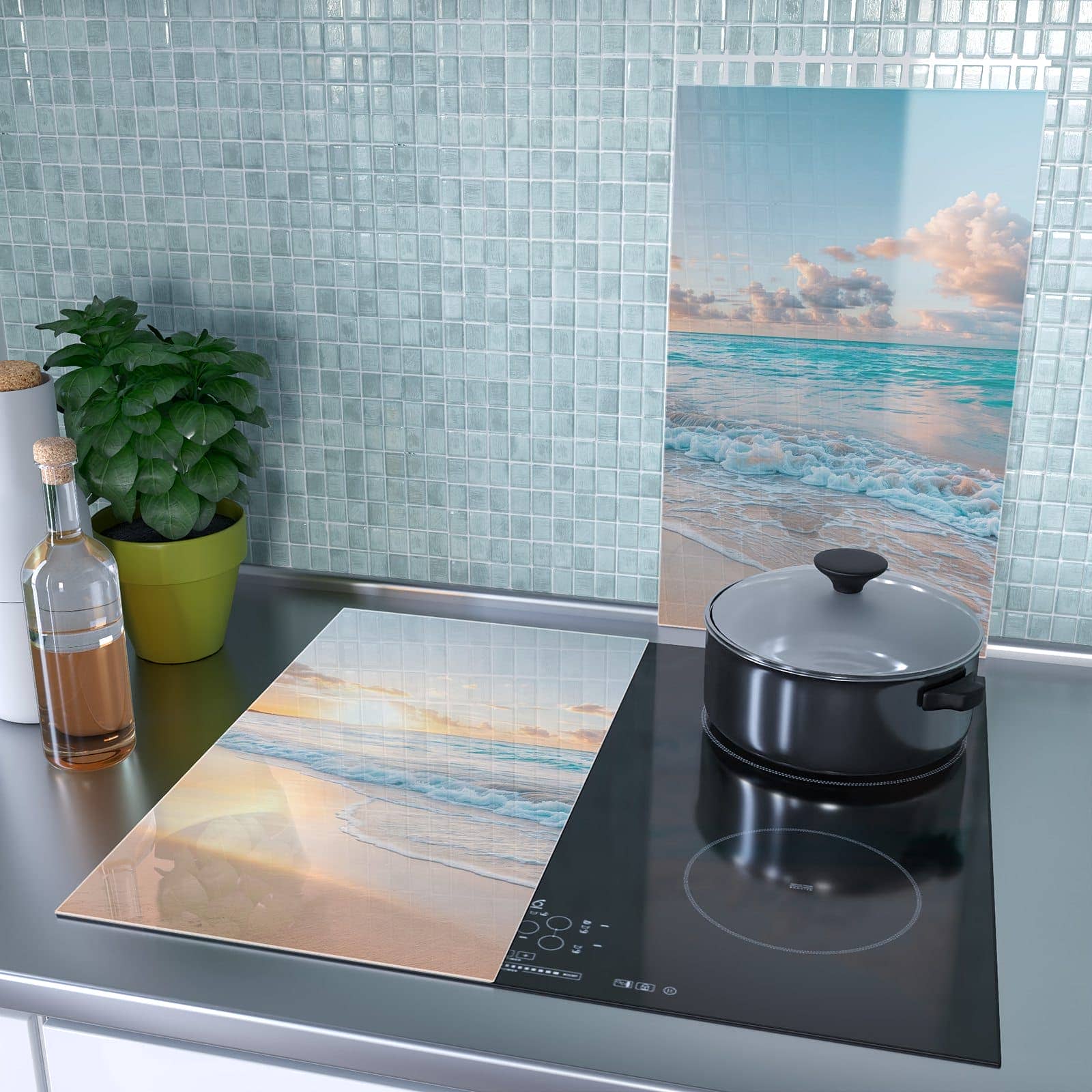 2-teilige Ceranfeld Abdeckungen mit Sonnenaufgang Strand-Motiv als Spritzschutz hinter dem Kochfeld