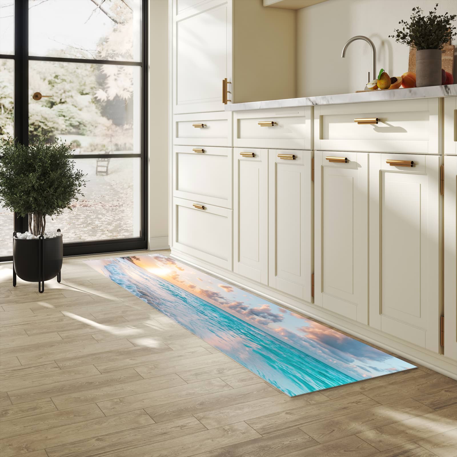 Farbbeständiger Küchenteppich mit Motiv Sonnenaufgang Strand in heller Küche