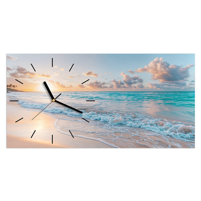 Wanduhr Sonnenaufgang Strand aus Glas – Querformat 60 × 30 cm mit Ziffernblatt Linie