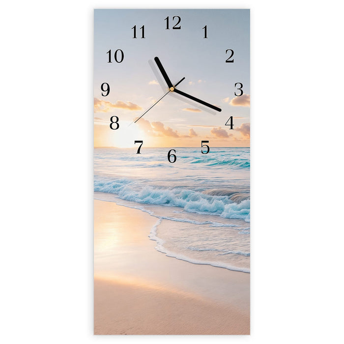 Wanduhr Sonnenaufgang Strand aus Glas – Hochformat 30 × 60 cm mit Ziffernblatt Klassisch