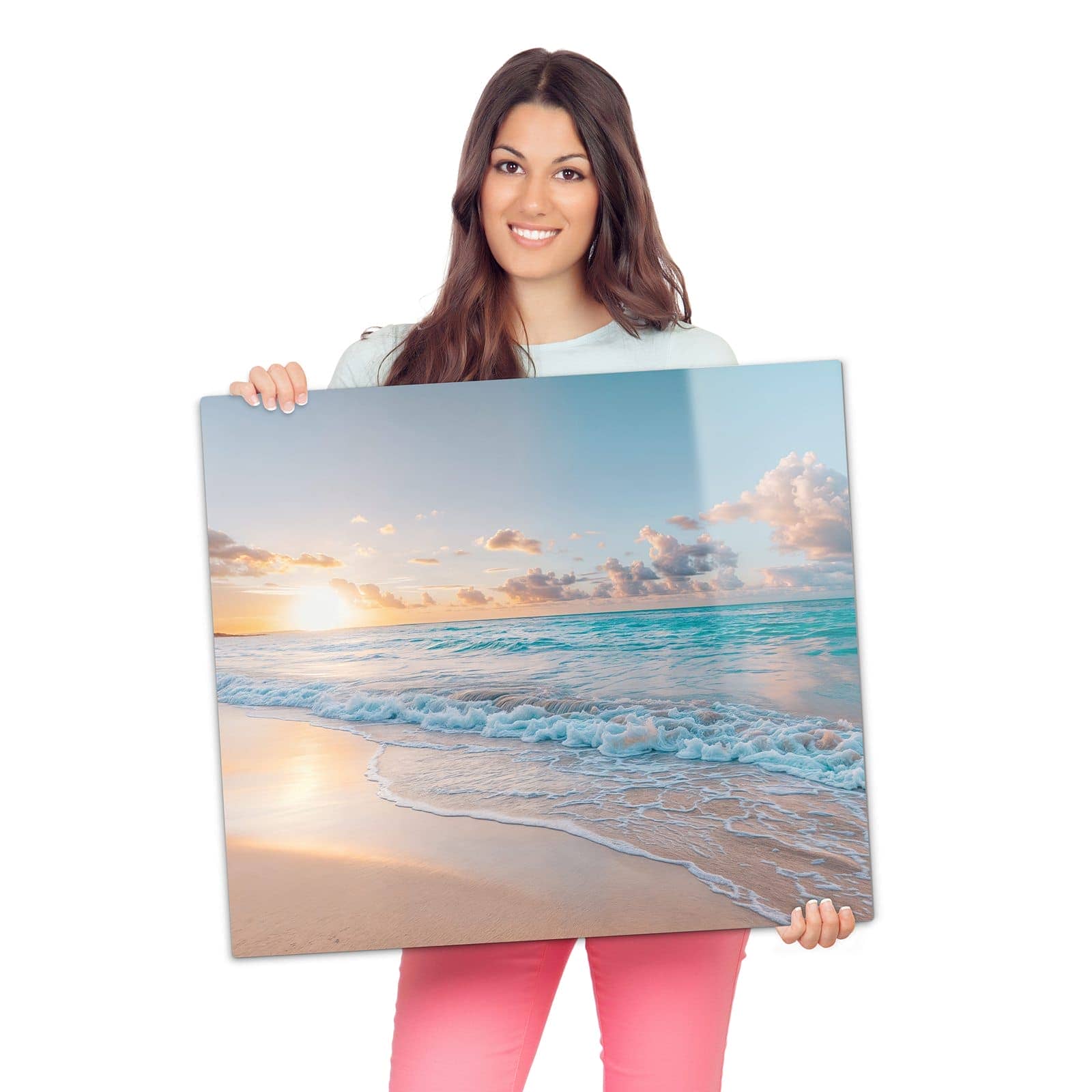 Herdabdeckplatte mit Sonnenaufgang Strand-Motiv wird zur Größendarstellung gehalten