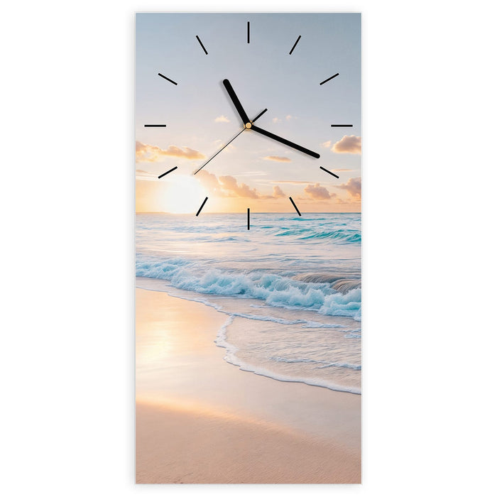 Wanduhr Sonnenaufgang Strand aus Glas – Hochformat 30 × 60 cm mit Ziffernblatt Linie