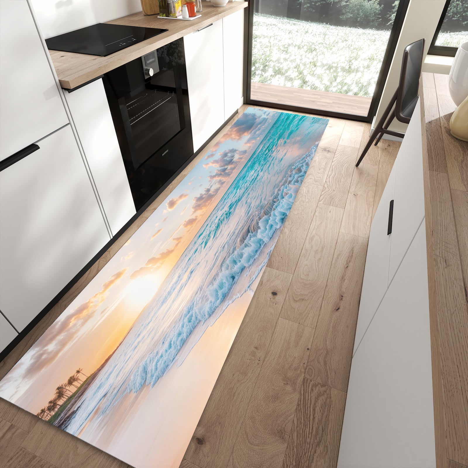 Hygienischer Läufer für die Küche mit Motiv Sonnenaufgang Strand in moderner Küche