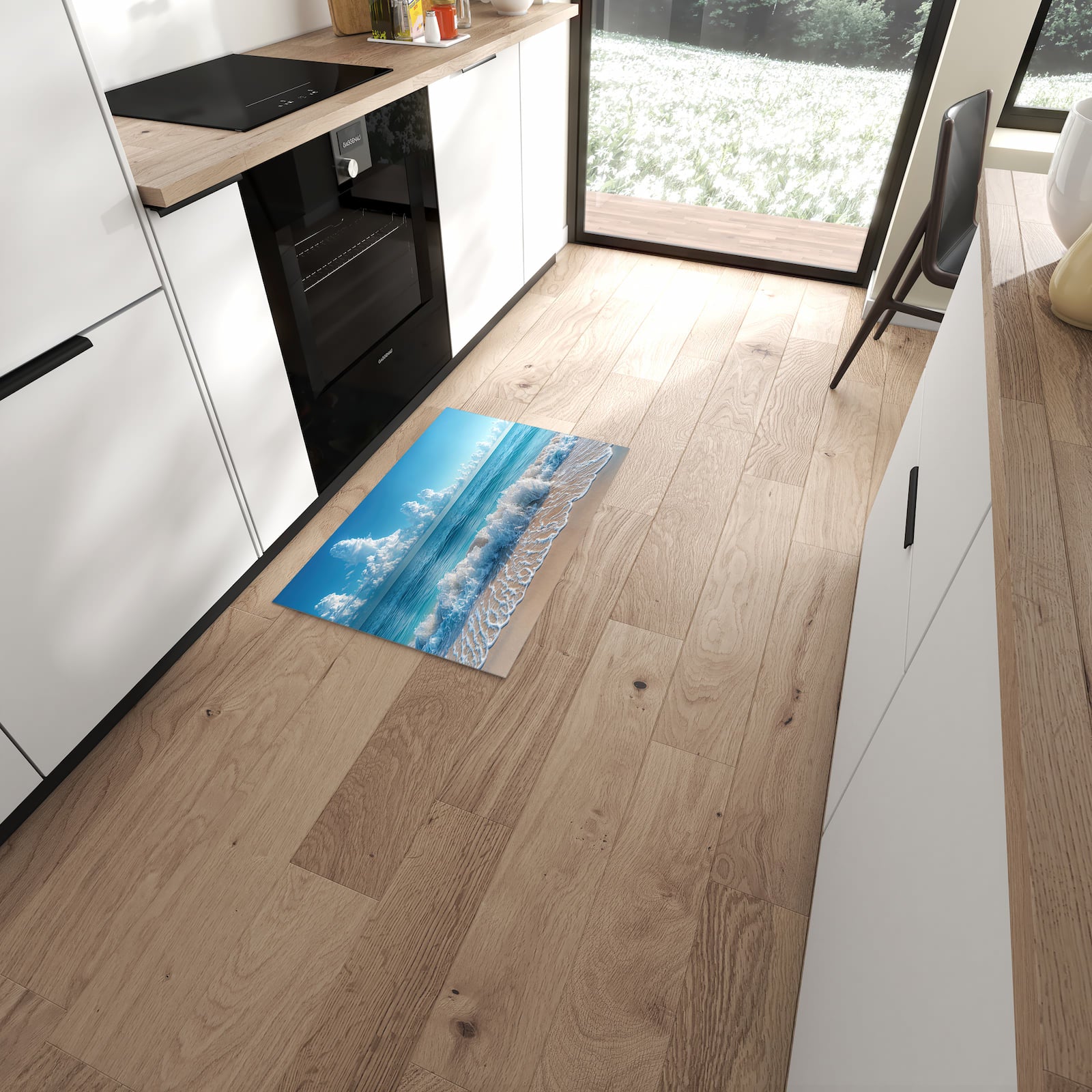 Küchenteppich mit Motiv Meereswellen für Ordnung in moderner Küche