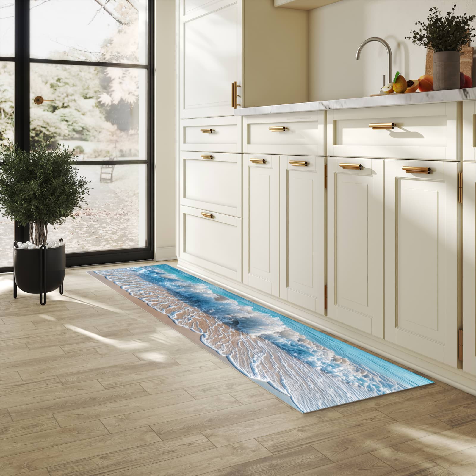 Flacher Küchenläufer nach Maß mit Motiv Meereswellen in heller Küche