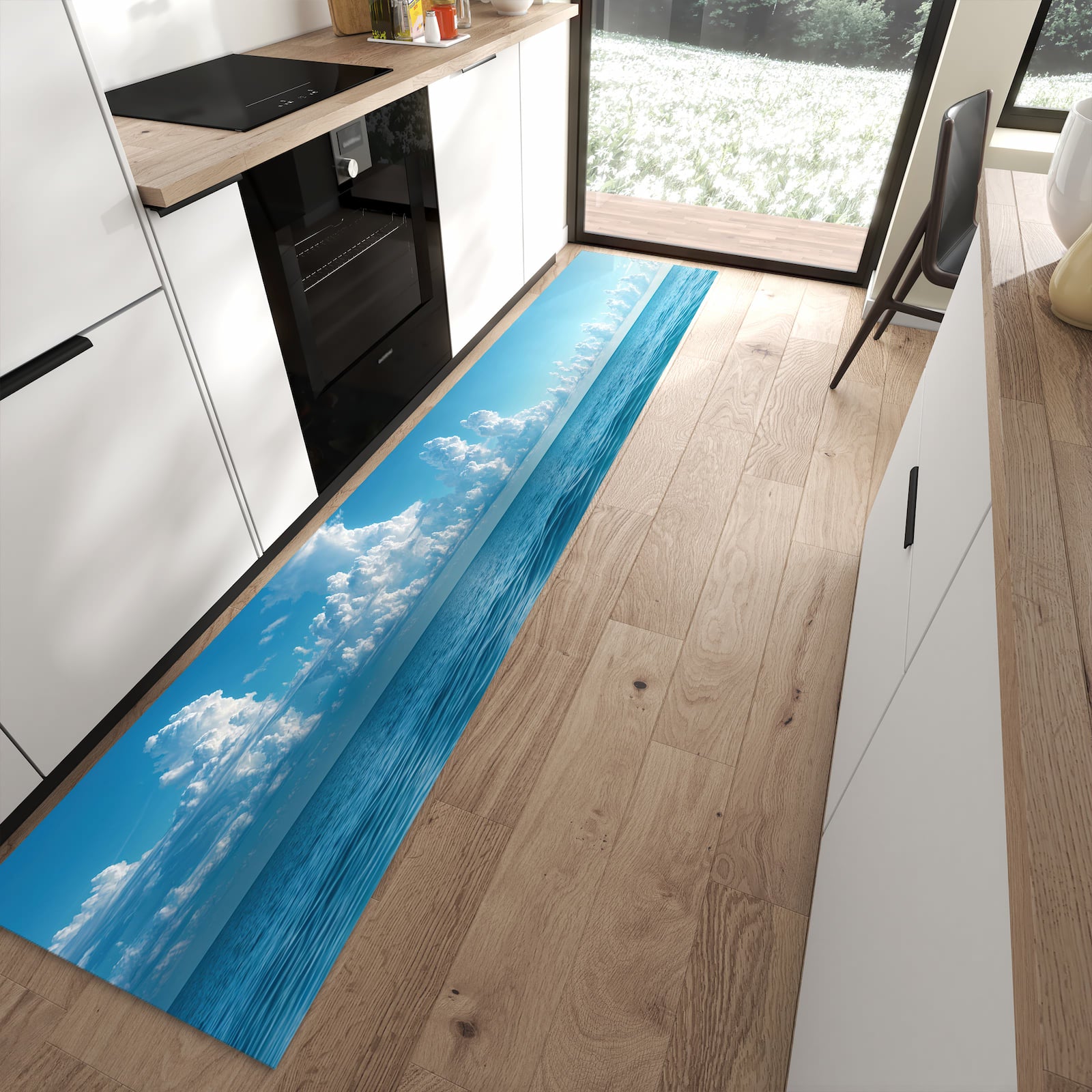 Bodenschonender Küchenteppich mit Motiv Meereswellen in moderner Küche