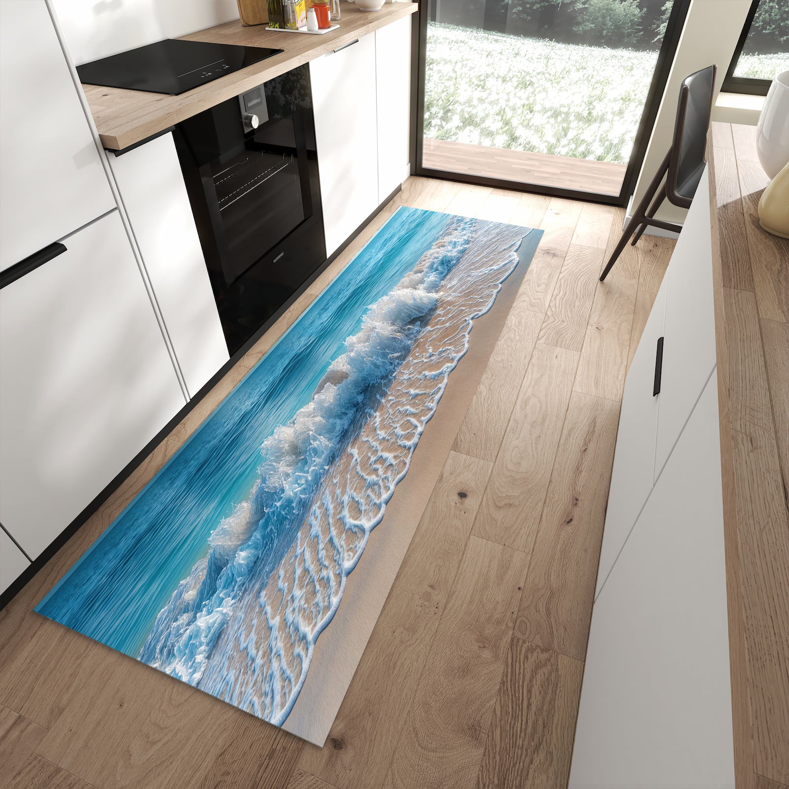 Farbbeständiger waschbarer Küchenläufer mit Motiv Meereswellen in moderner Küche