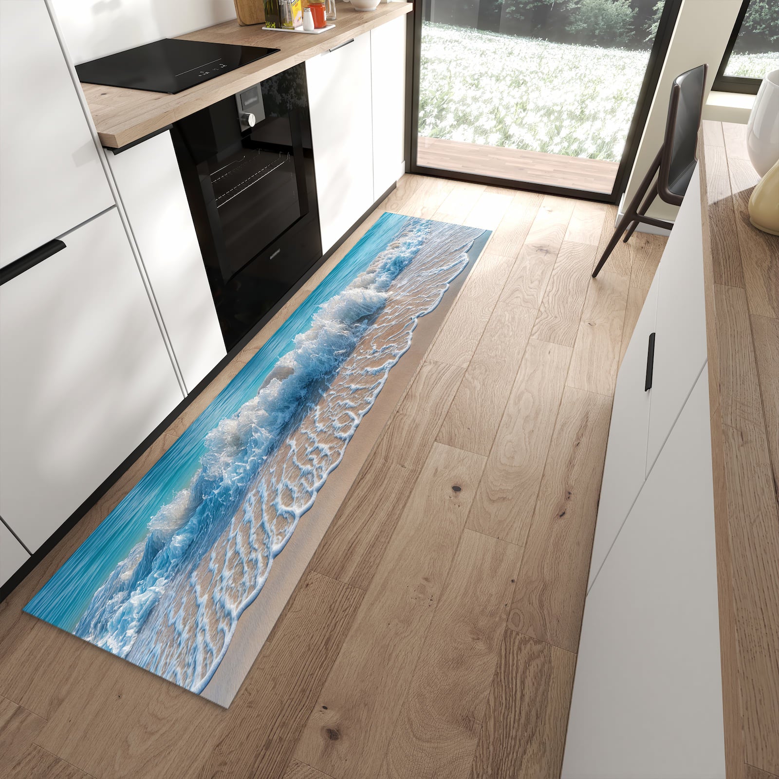 Rutschfester großer Küchenteppich mit Motiv Meereswellen in moderner Küche