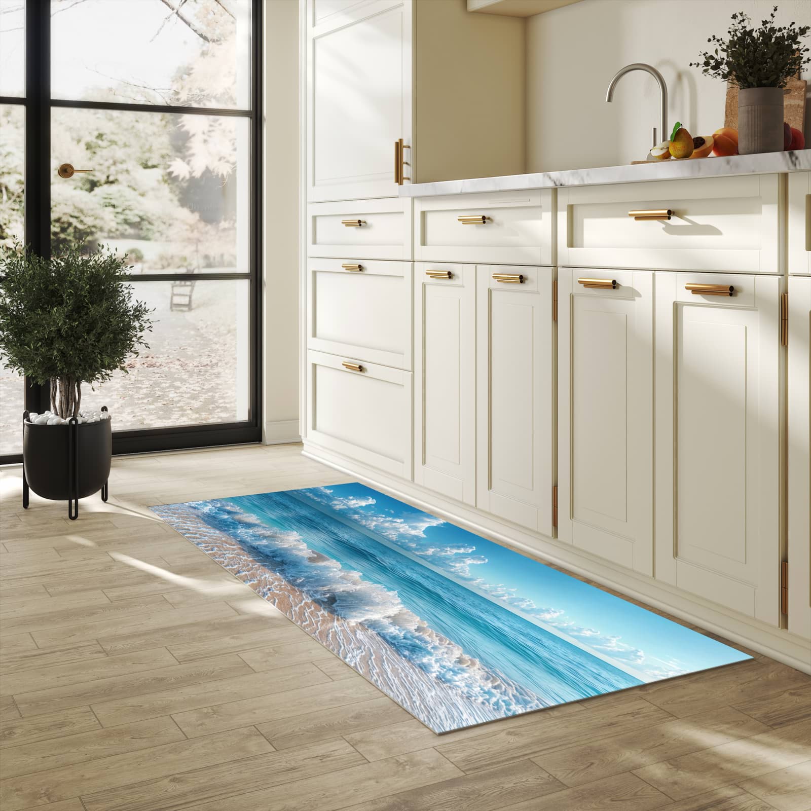 Rutschhemmender Küchenläufer mit Motiv Meereswellen in heller Küche