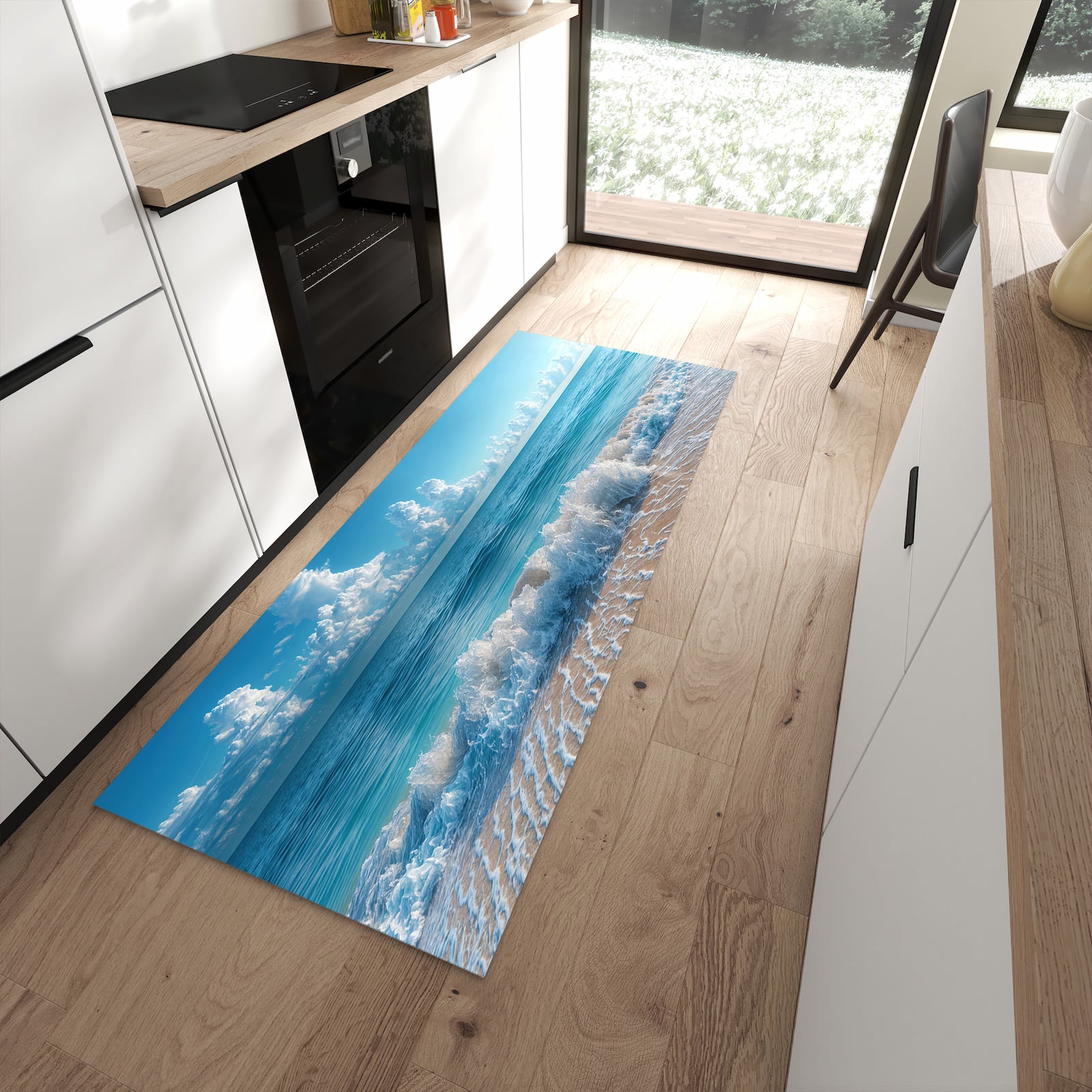 Bodenschonender Küchenläufer mit Motiv Meereswellen in moderner Küche