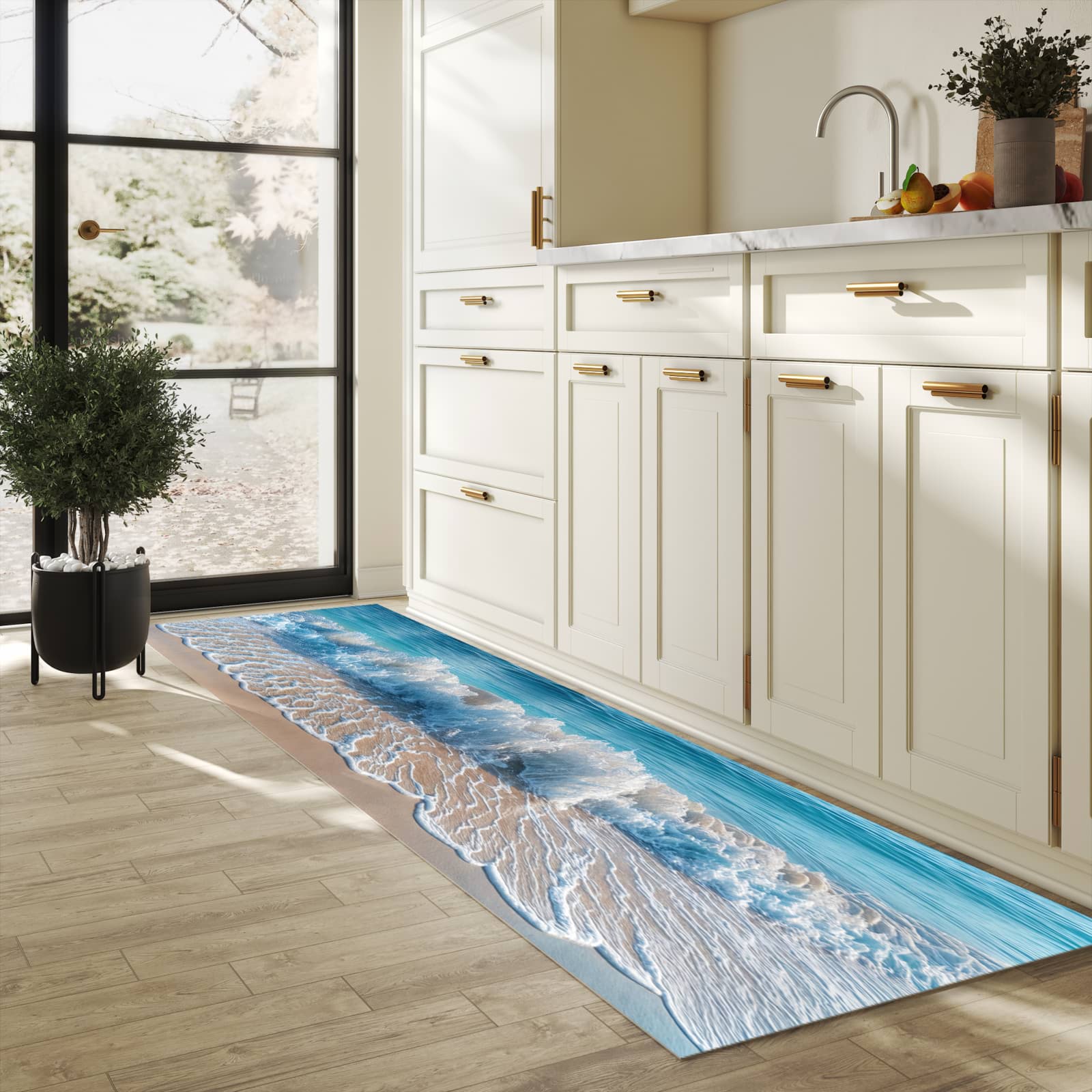 Hygienischer Küchenteppich mit Motiv Meereswellen in heller Küche