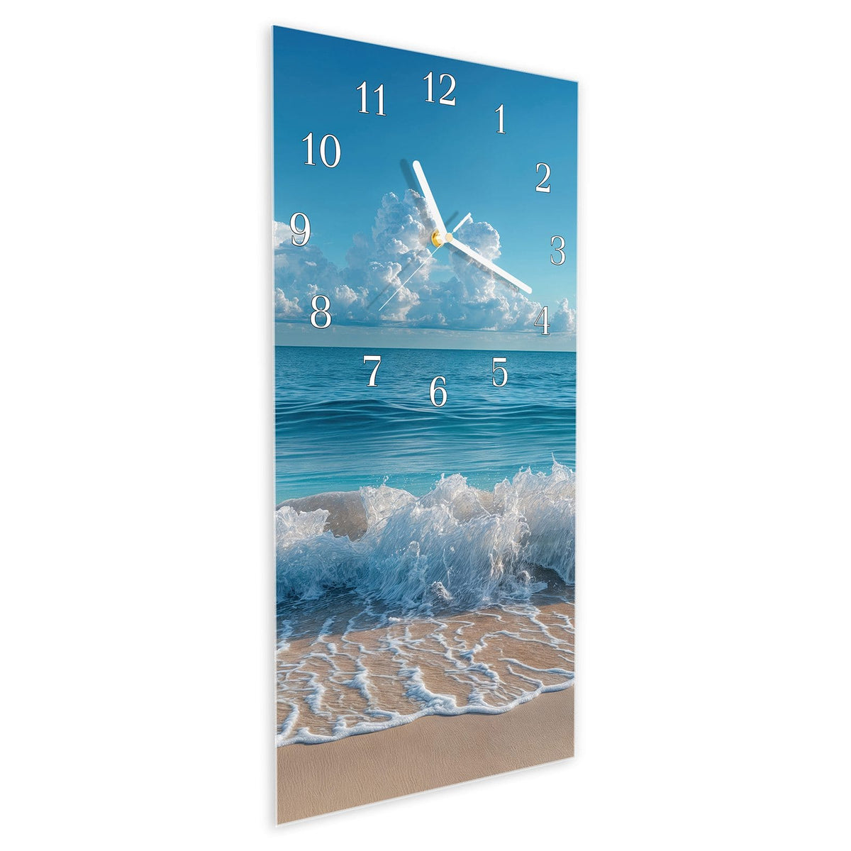 Vormontiert – mit Schwebeeffekt – Wanduhr Meereswellen aus Glas – Hochformat 30 × 60 cm