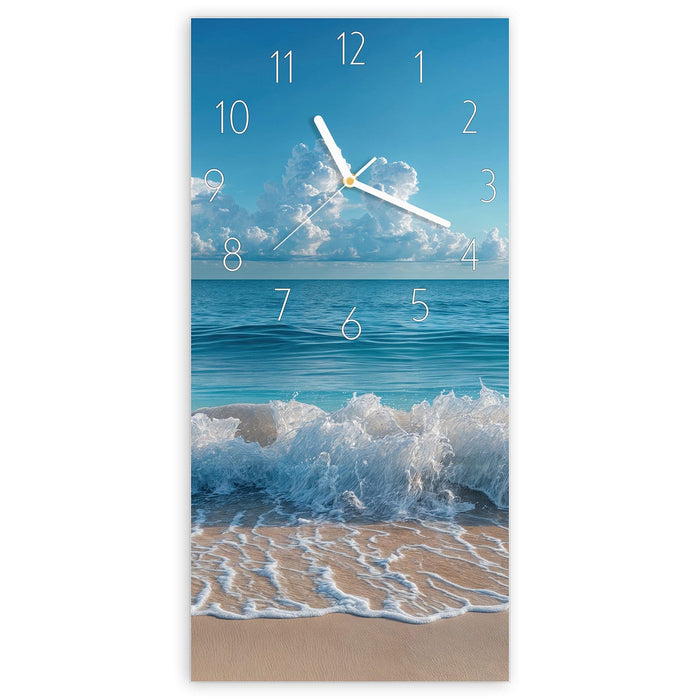 Wanduhr Meereswellen aus Glas – Hochformat 30 × 60 cm mit Ziffernblatt Elegant